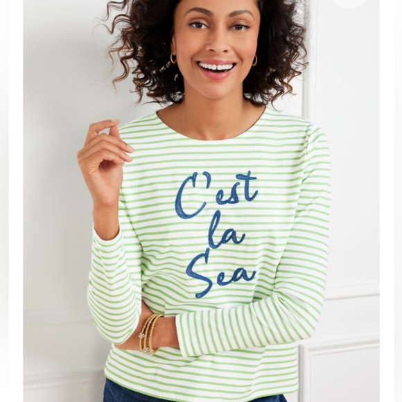 Talbots Tops - Talbots Green and White Stripe C’est La Vie Sea Crewneck Tee XL Nautical Beach